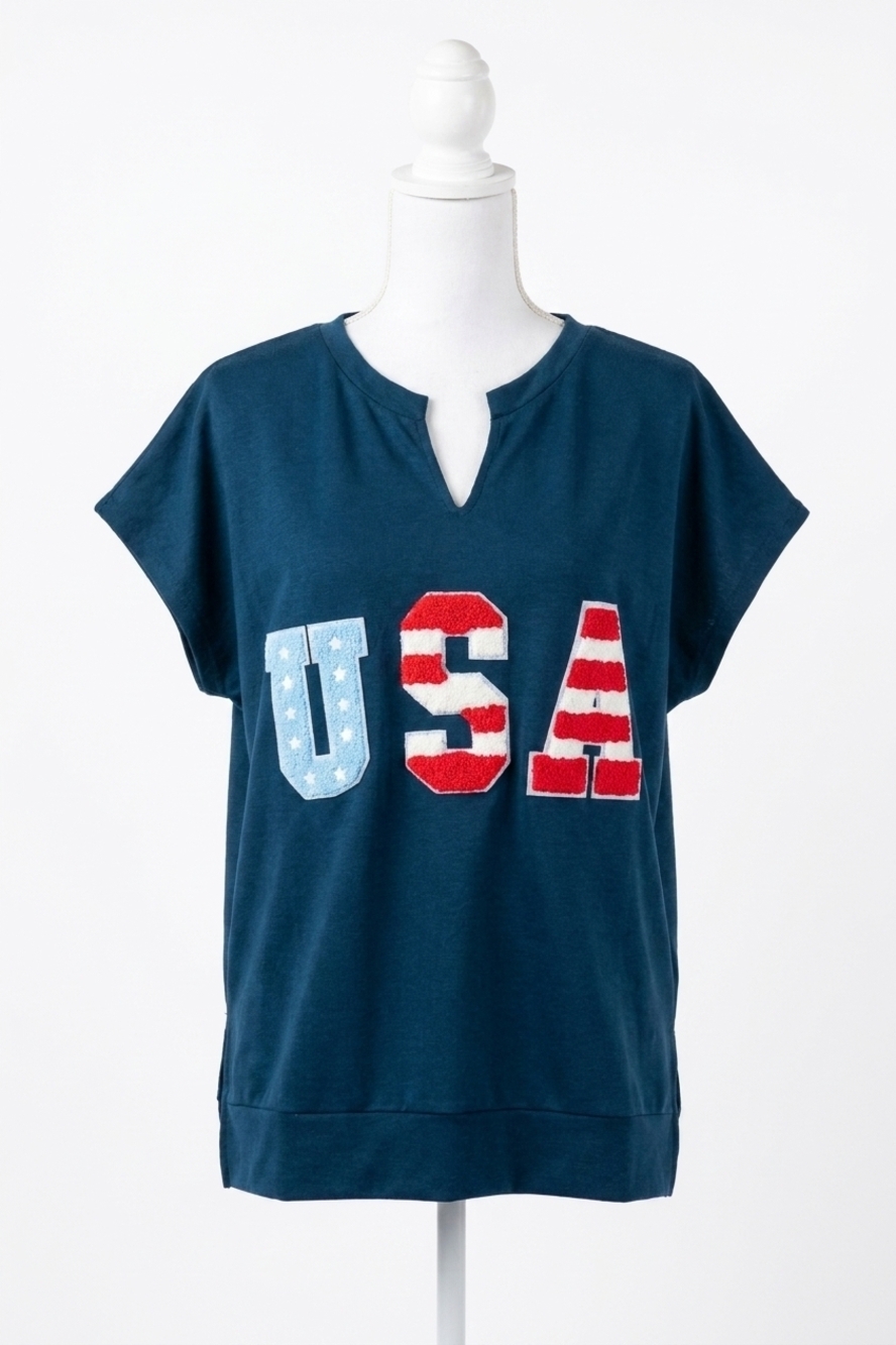 NEW HAPTICS notched neck dolman embossed star & stripe usa patch top in blue
